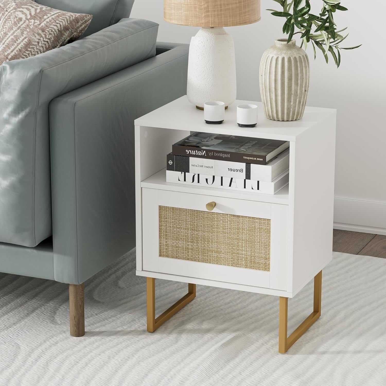 Modern Rattan Bedside Table with Drawer & Shelf – Boho White Wood Nightstand