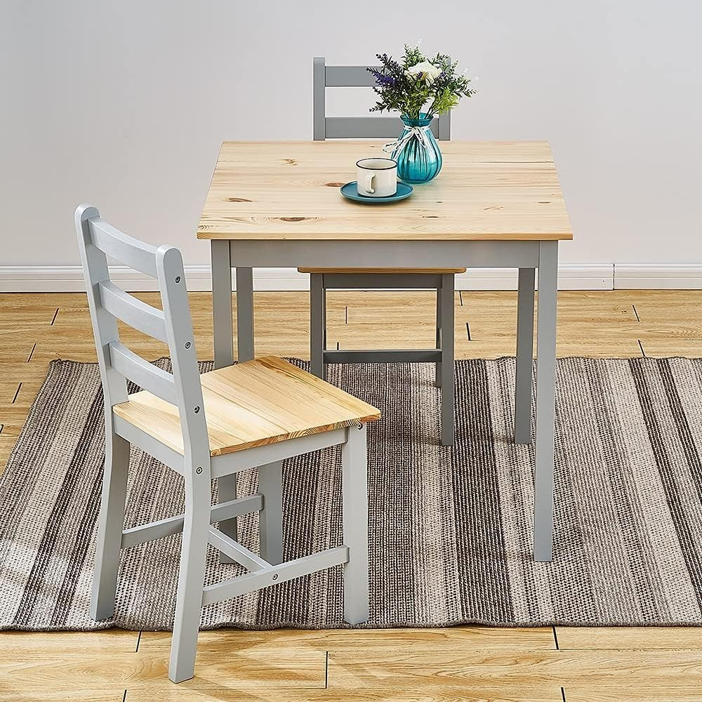 Grey Wooden Dining Table & 2 Chairs - Compact Kitchen Dining Set, 75x75x73cm