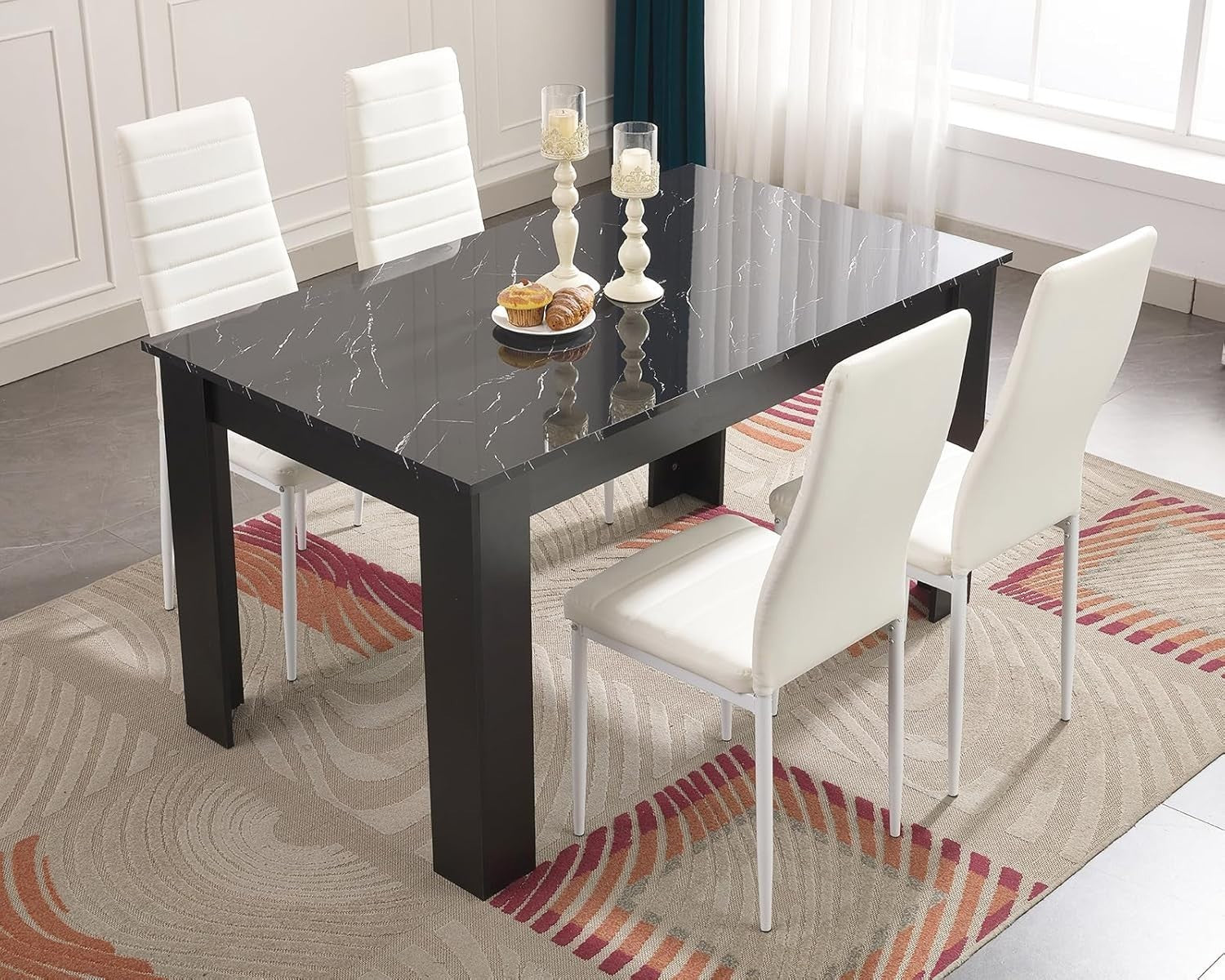 Modern Black Marble Dining Table Set 4 PU Leather Chairs 120x80cm