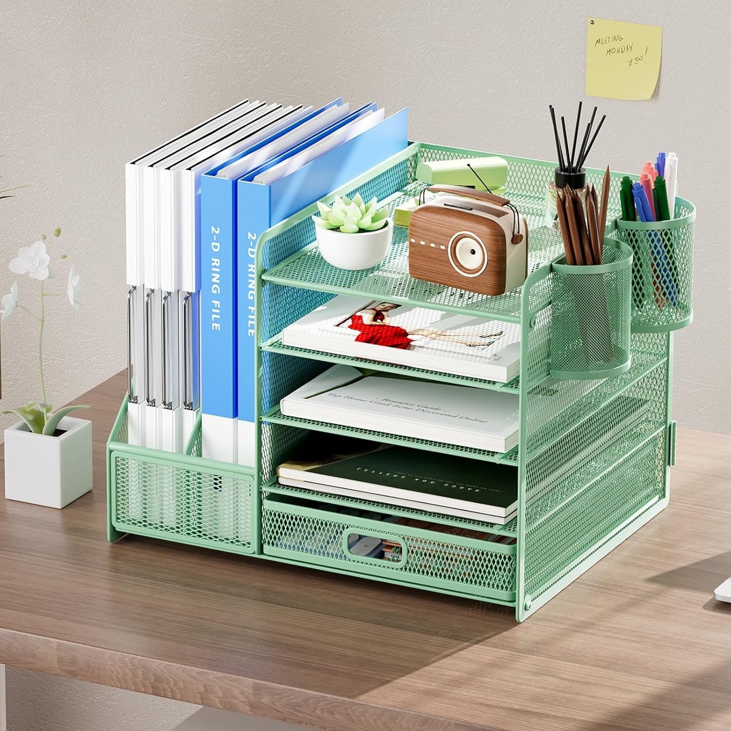 5-Tier Desk Organizer with Drawer & Pen Holders – Metal File Rack