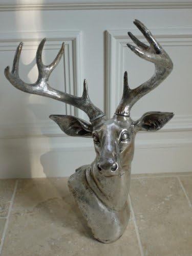 Antique Silver Deer Head Sculpture Wall Mount Table Ornament Decor