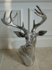 Antique Silver Deer Head Sculpture Wall Mount Table Ornament Decor