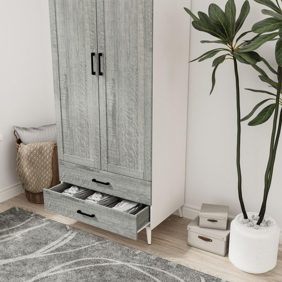 Modern White Ash Grey Wardrobe 2 Doors 2 Drawers Bedroom Storage Unit