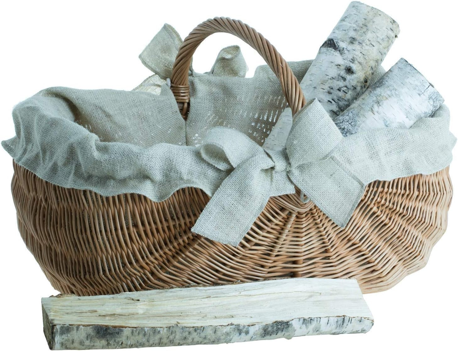 Indoor Wicker Log Basket with Handle, Rustic Jute Liner, Spacious Firewood Holde