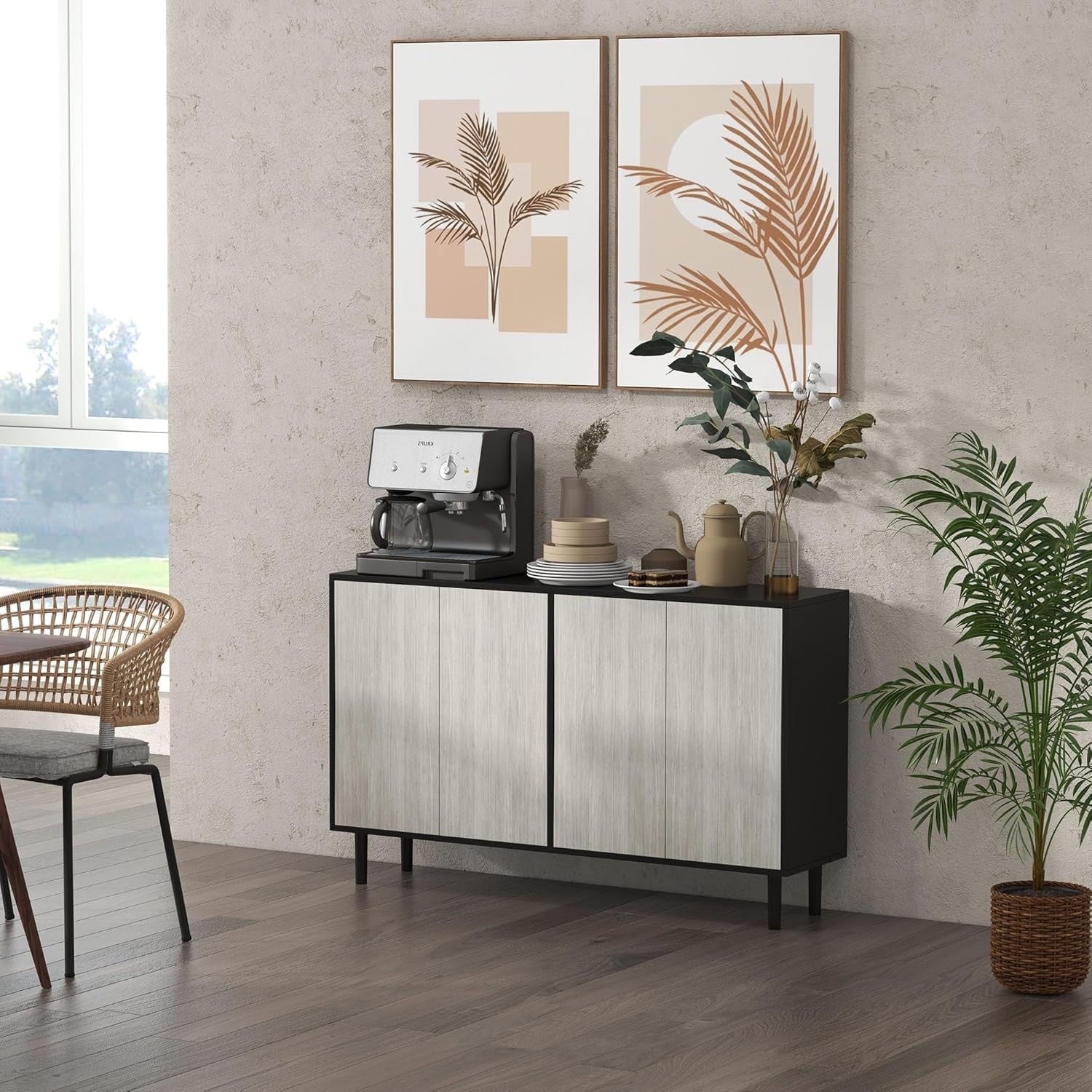 Modern Sideboard Cabinet with Adjustable Shelves, 4 Doors, Solid Wood Legs