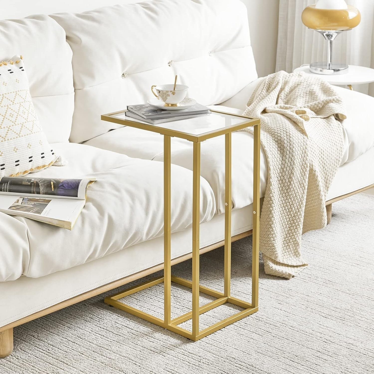 Gold C-Shaped Side Table 30x40x63 cm | Tempered Glass Sofa & Bed Table
