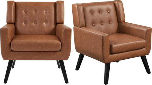 Set of 2 Retro Brown PU Leather Armchairs with Button Tufted Cushions