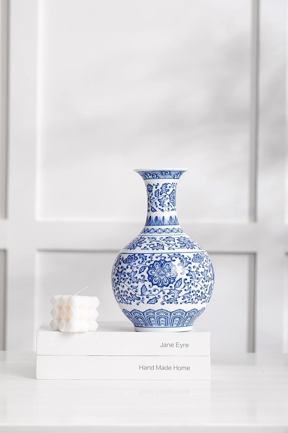 Blue White Chinoiserie Ceramic Vase 9.5in Glossy Floral Table Decor