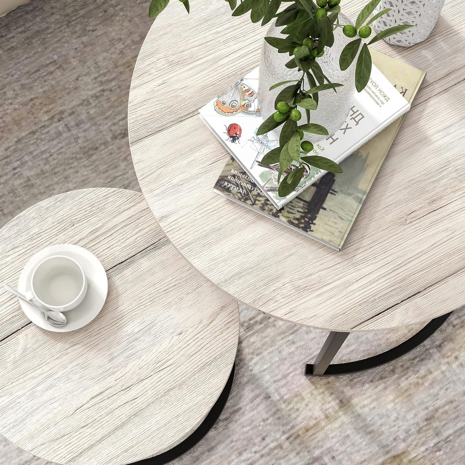Nested Round Coffee Table Set of 2, Natural Oak Wood Finish, Space Saving Side E