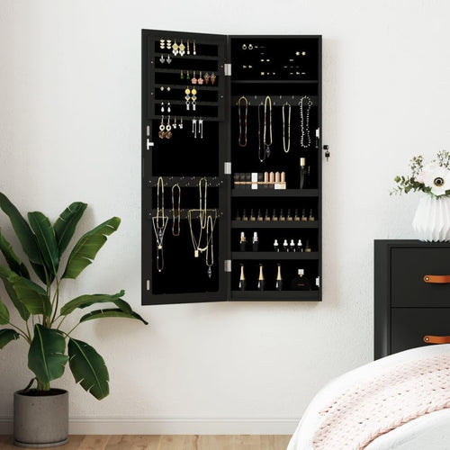 Black Wall Mounted Jewelry Cabinet Mirror Lockable Slim Vertical Storage