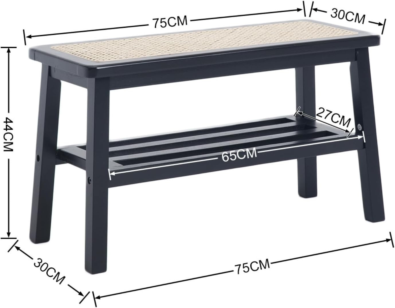 Black Mid-Century Rattan Dining Bench Ottoman with Storage Seat