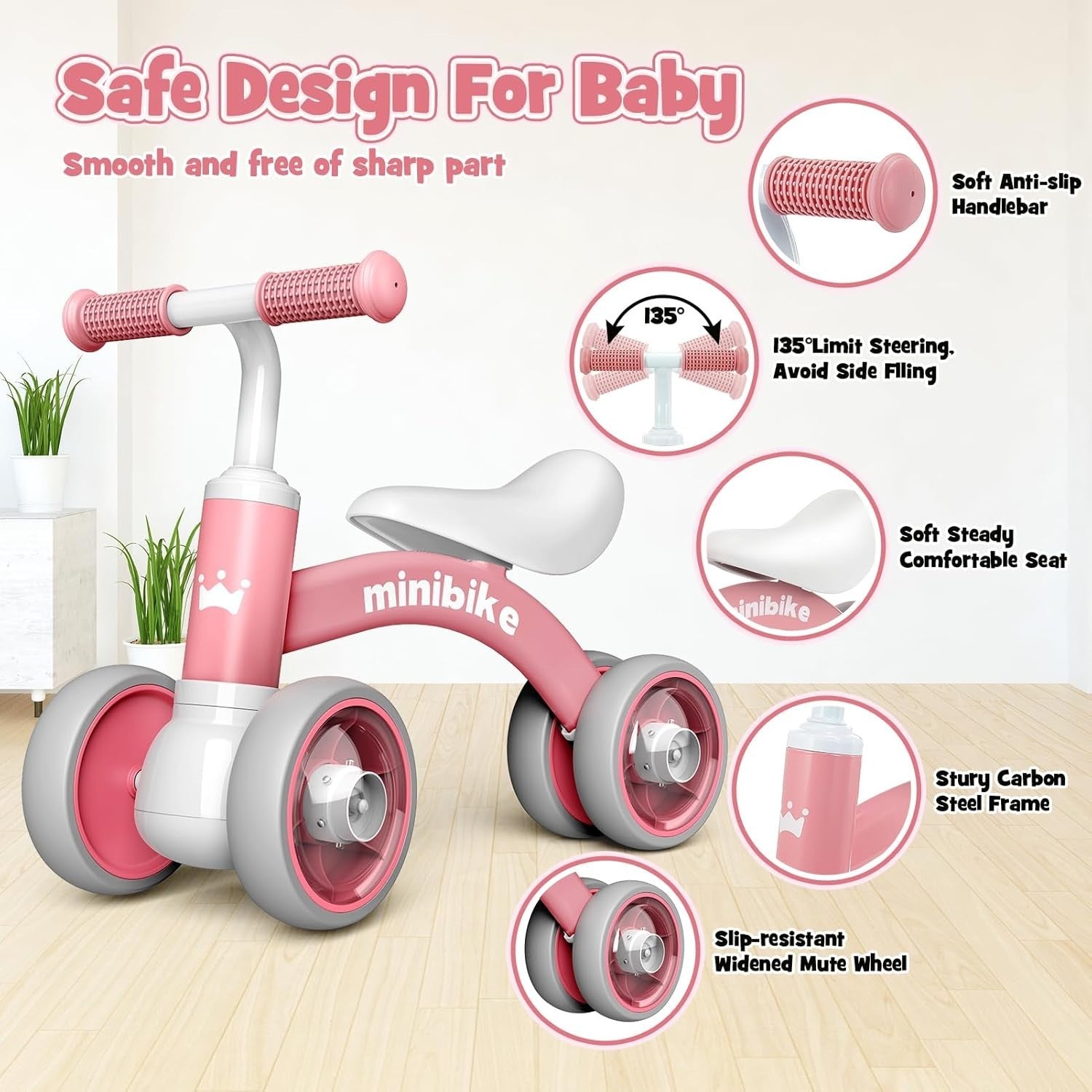 Baby Balance Bike LED Light Wheels Toddler Ride On Toy Girls 1-3 Years
