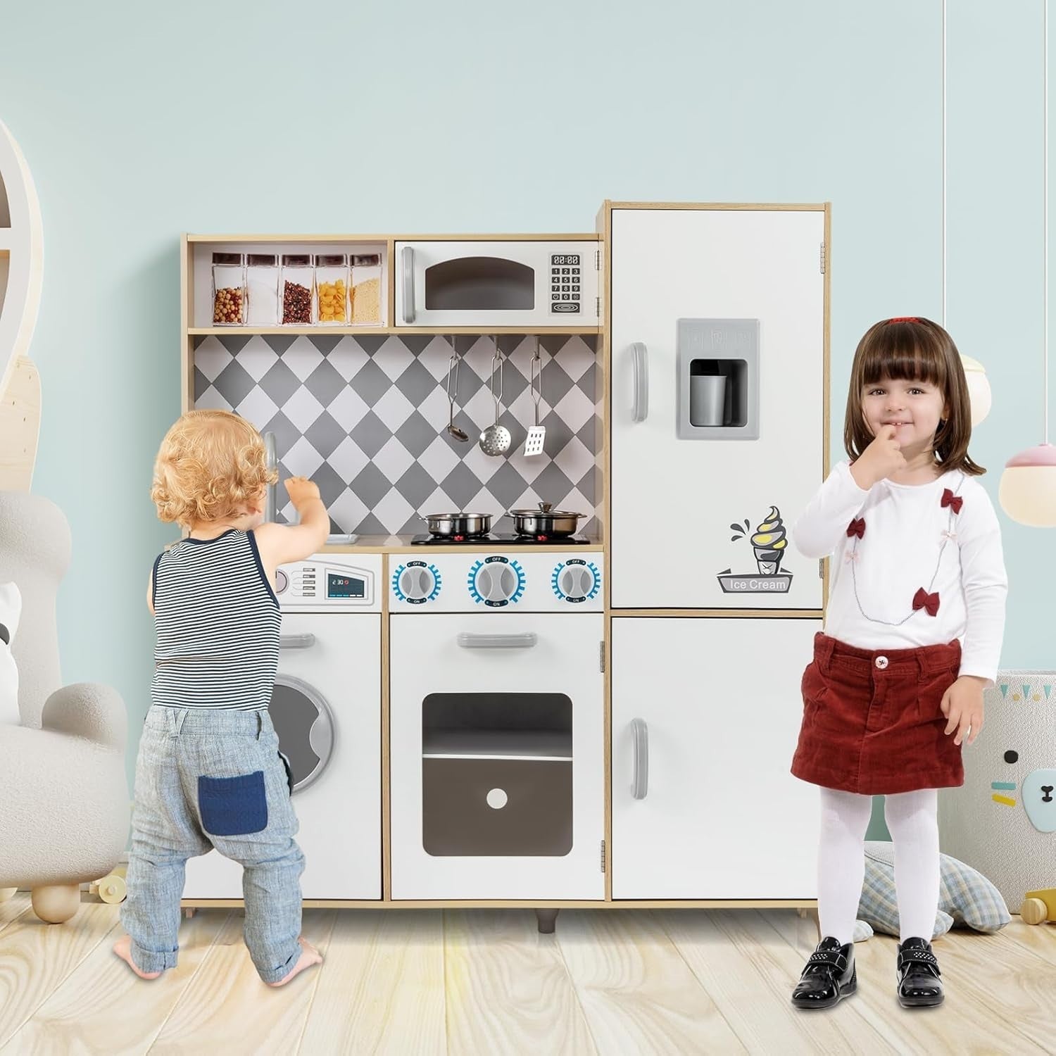 Large Wooden Kids Play Kitchen Natural White Lights Sounds Toy Set