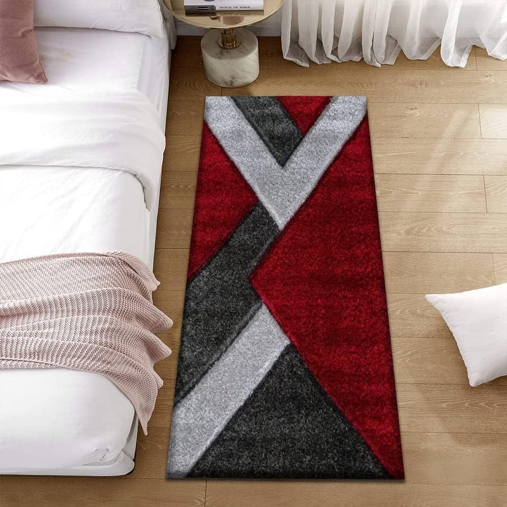 Large Red Grey Geometric Shaggy Rug 160x230cm Soft Non Shed Living Room Carpet