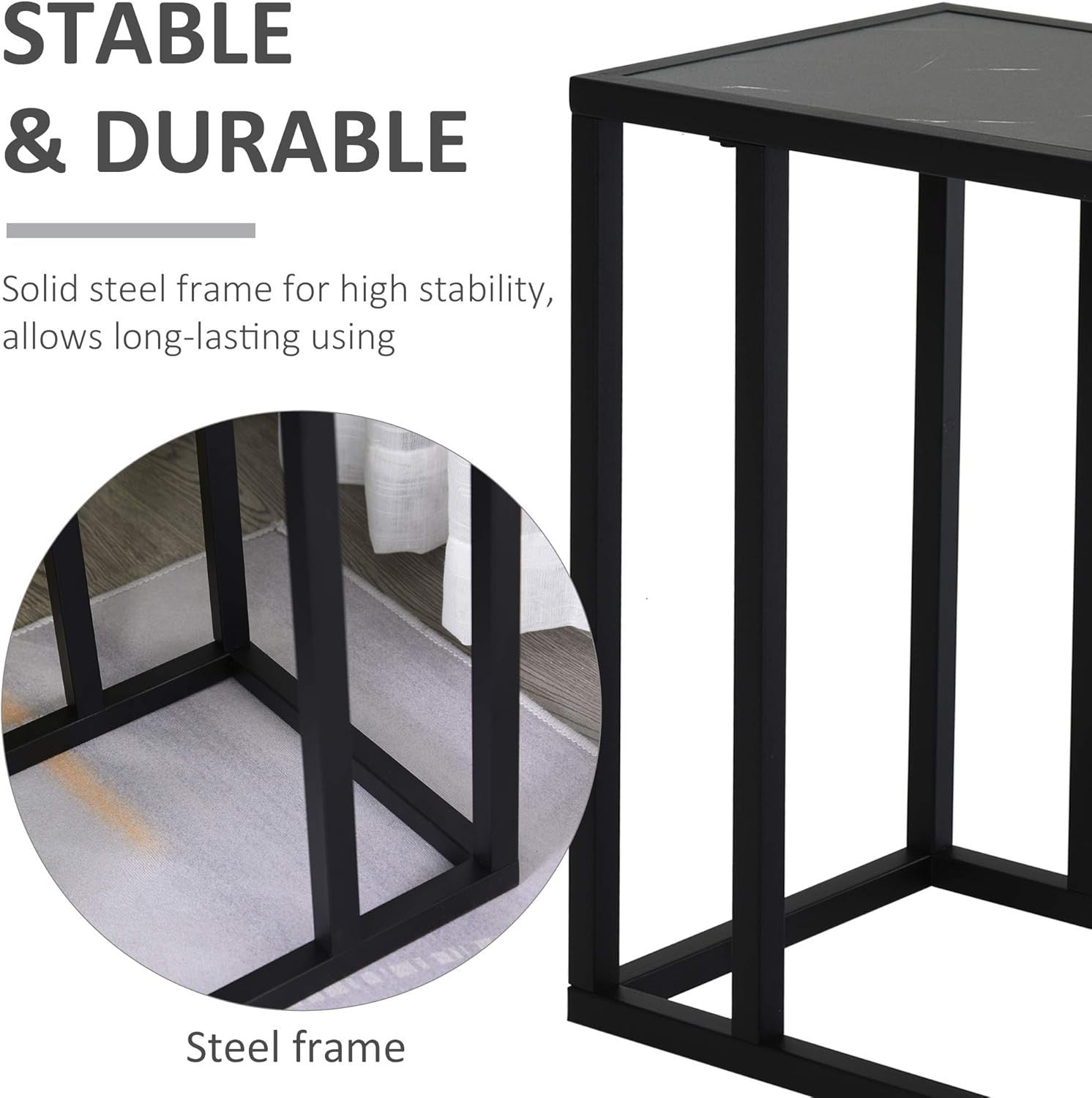 C Shape Side Table Black Marble | Slim Metal Frame Sofa Snack Coffee Stand