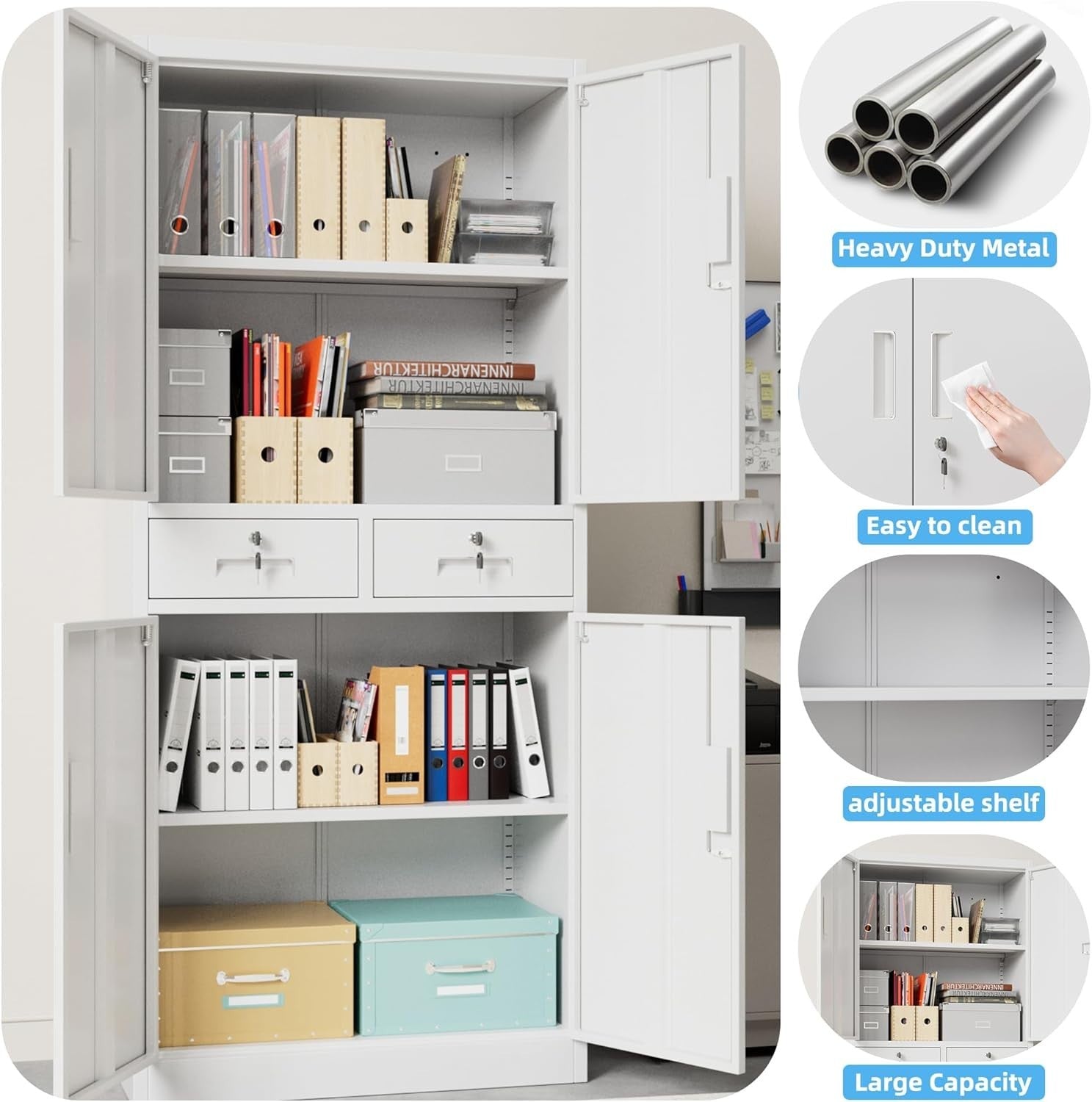 Locking Metal Storage Cabinet 4 Doors 2 Drawers Adjustable Shelves 180x80x40cm