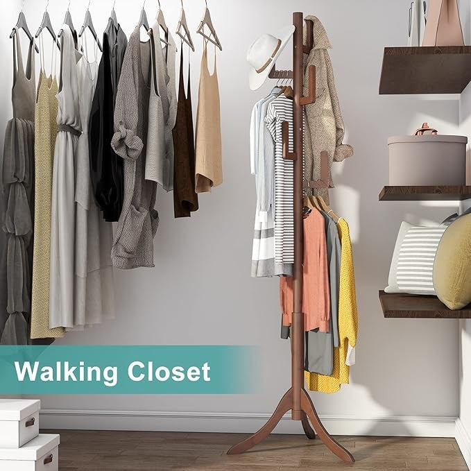 Brown Bamboo Coat Rack Freestanding 6 Hooks | Adjustable Wooden Hall Tree