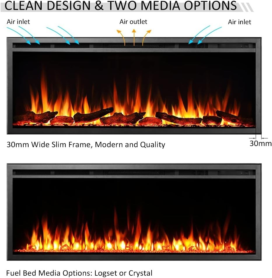 Wall Mount Electric Fireplace Slim Frame 750W-1500W Multi Flame Colors