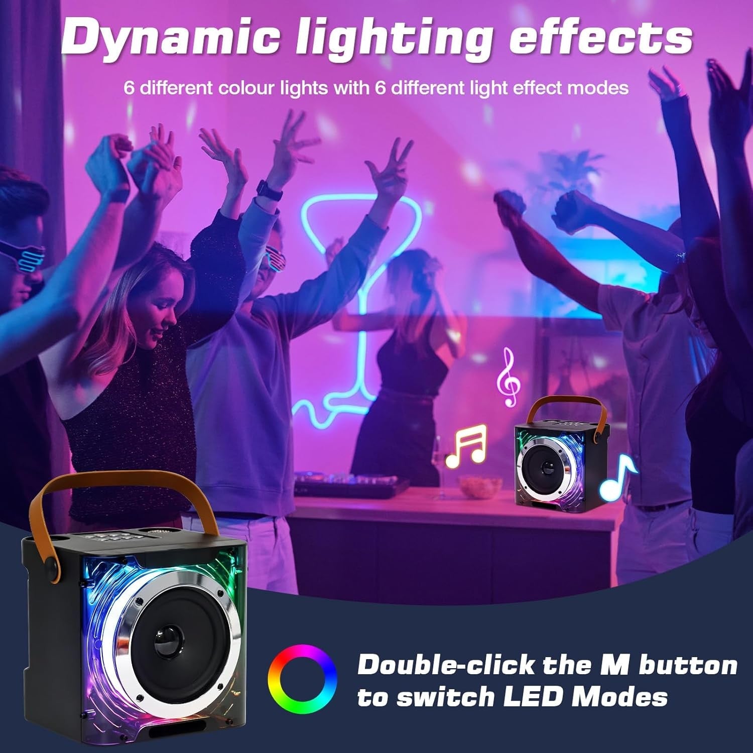 Portable Bluetooth Karaoke Machine with 2 Wireless Mics LED Lights