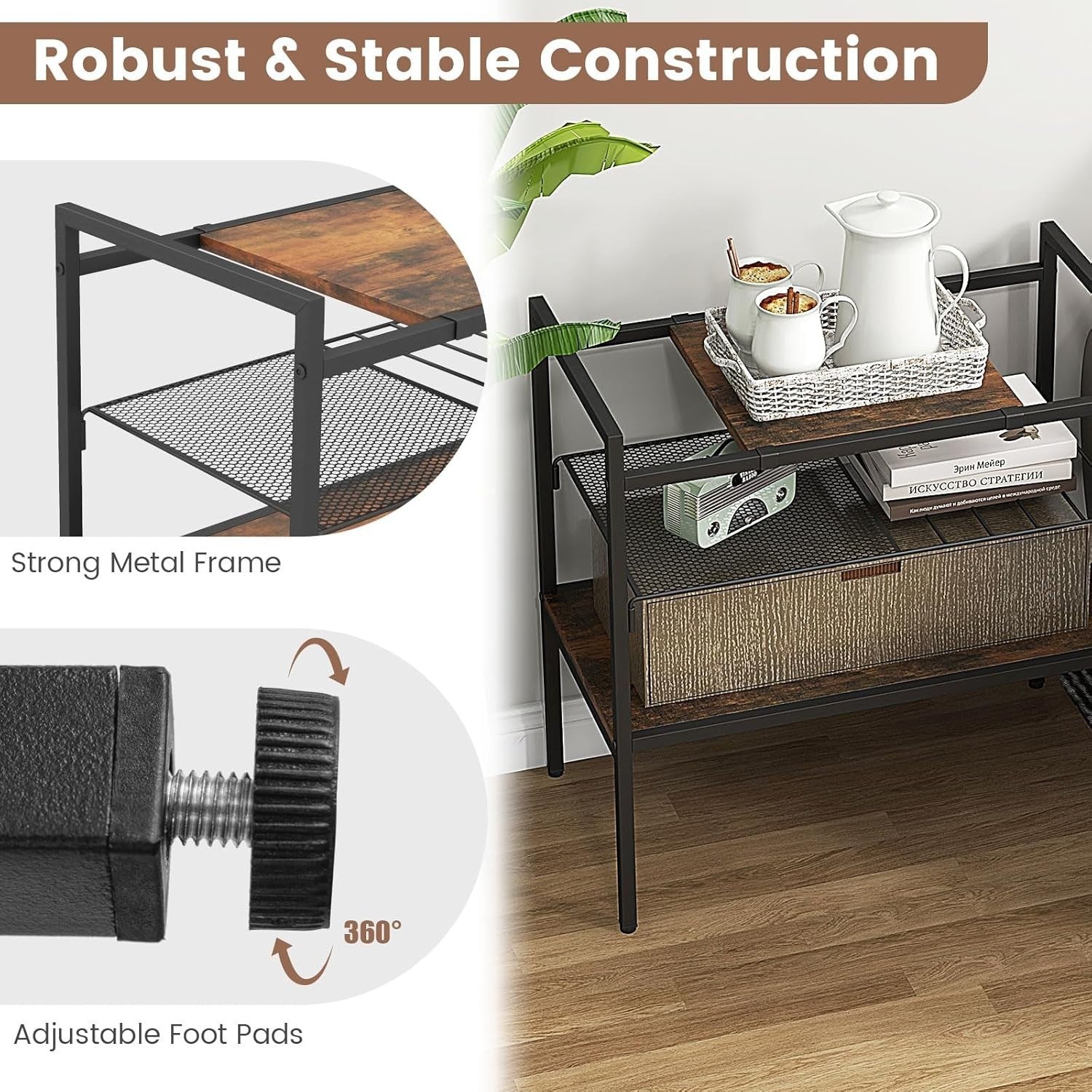 3-Tier Industrial Side Table with Removable Top & Mesh Shelf, Sturdy Metal Frame