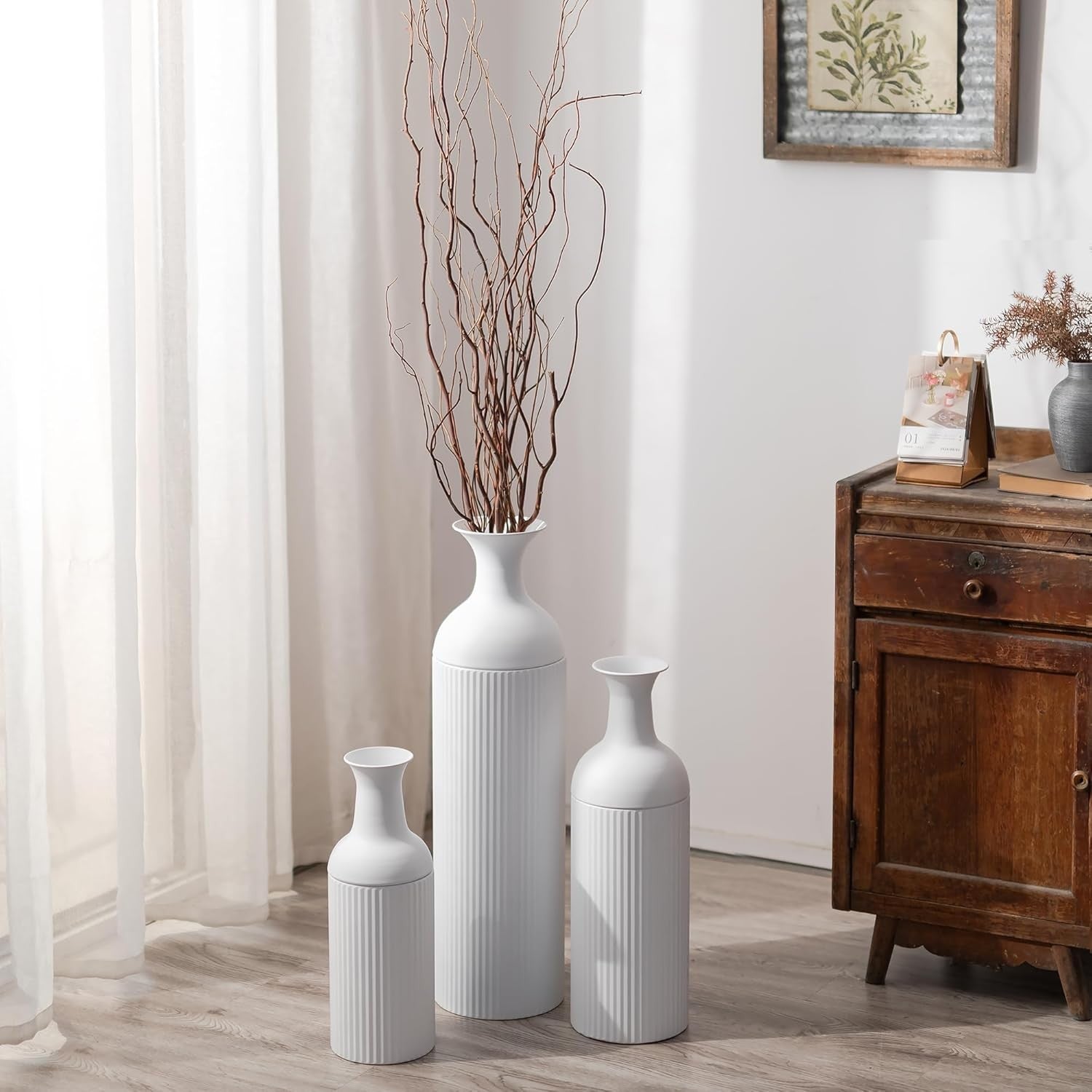 Tall White Metal Floor Vase Set Ribbed Modern Decor for Pampas Grass