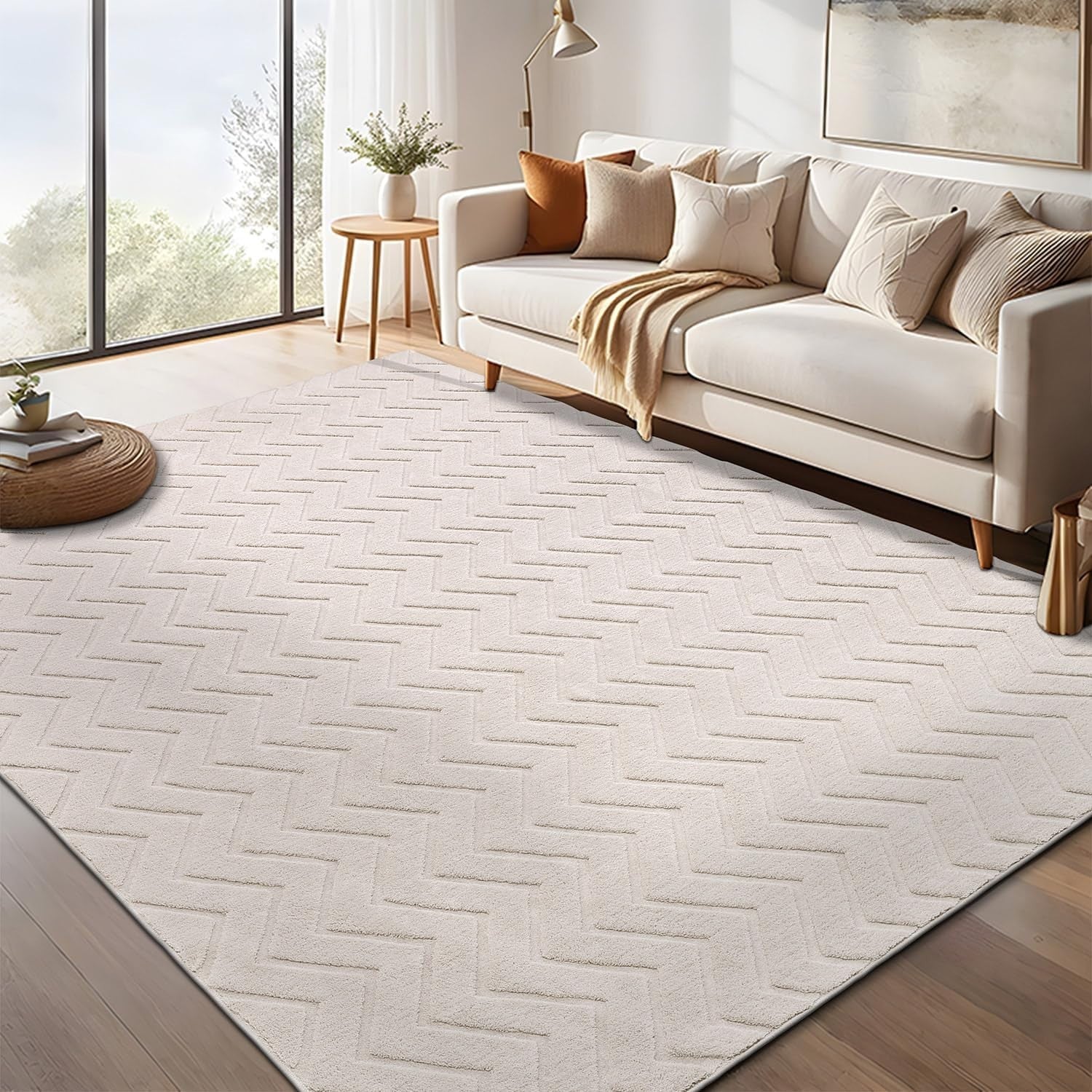 Beige Large Area Rug 160x230cm Washable Non Slip Soft Low Pile Living Room