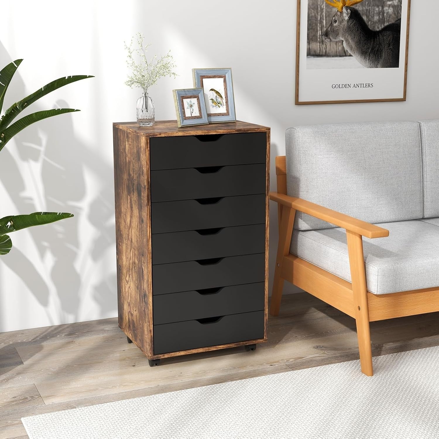 Rustic Brown Mobile Filing Cabinet 7 Drawer Storage Unit Wheels for Home Office
