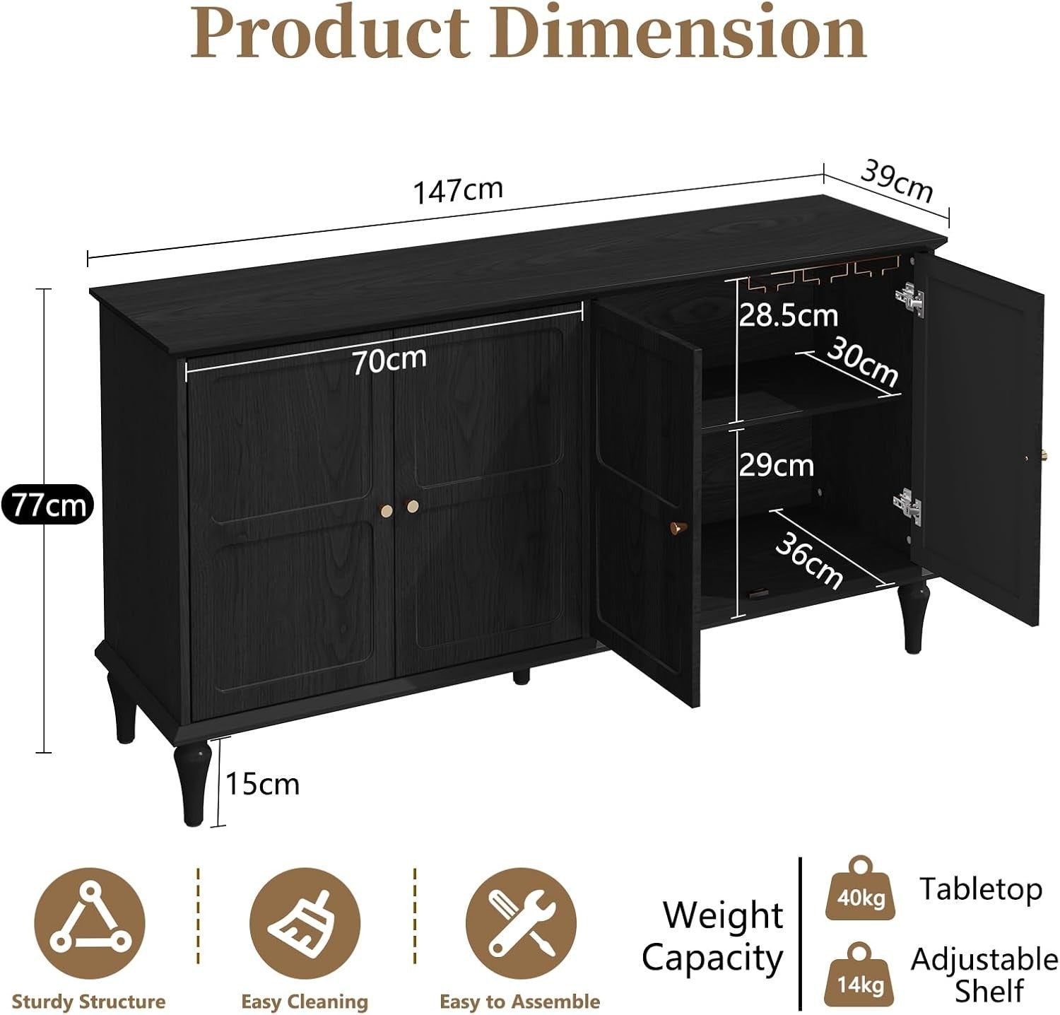 Mid-Century Black Sideboard with Wine Glass Rack, 4 Doors, Large Storage