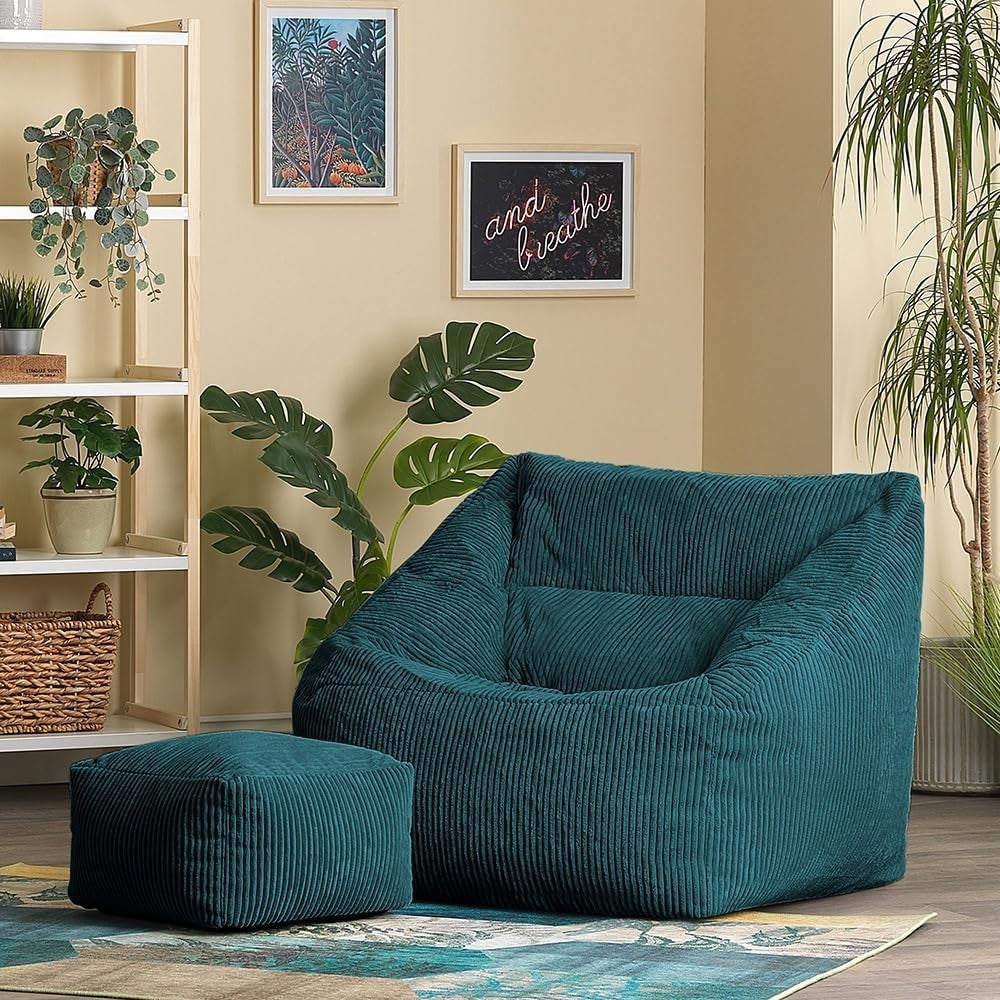 Teal Cord Bean Bag Chair with Footstool Lounge Armchair Seat Filled
