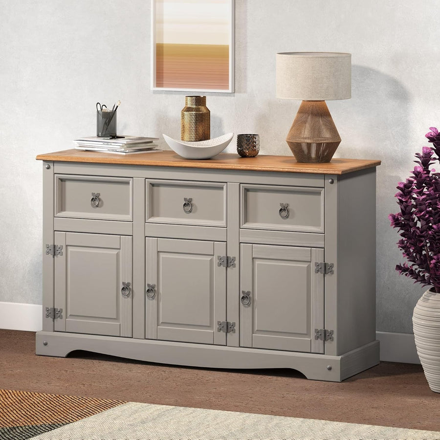 Grey Solid Pine Sideboard 3 Door 3 Drawer Cabinet Rustic Wax Finish