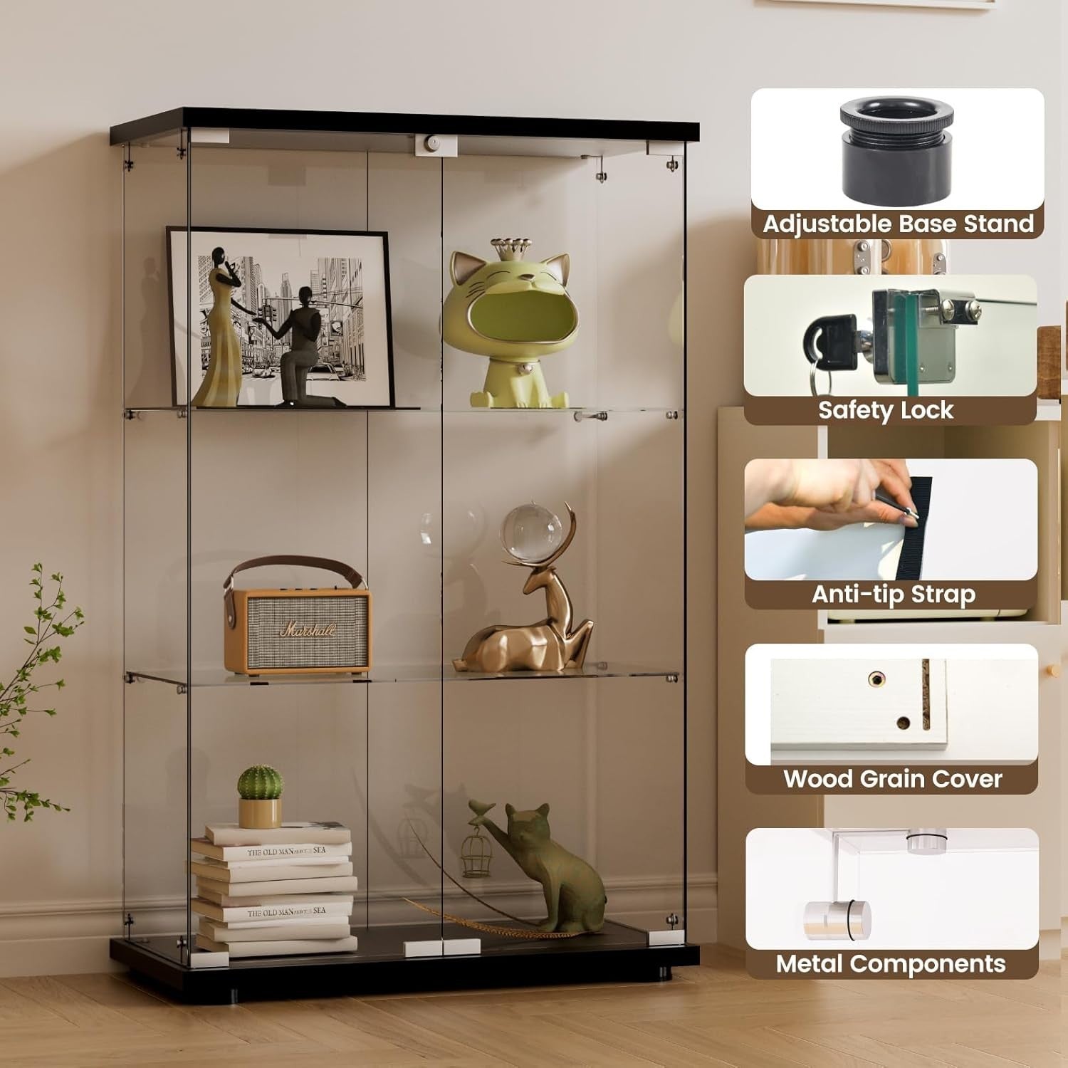 Tempered Glass Display Cabinet 49" Double Door Storage with Lock