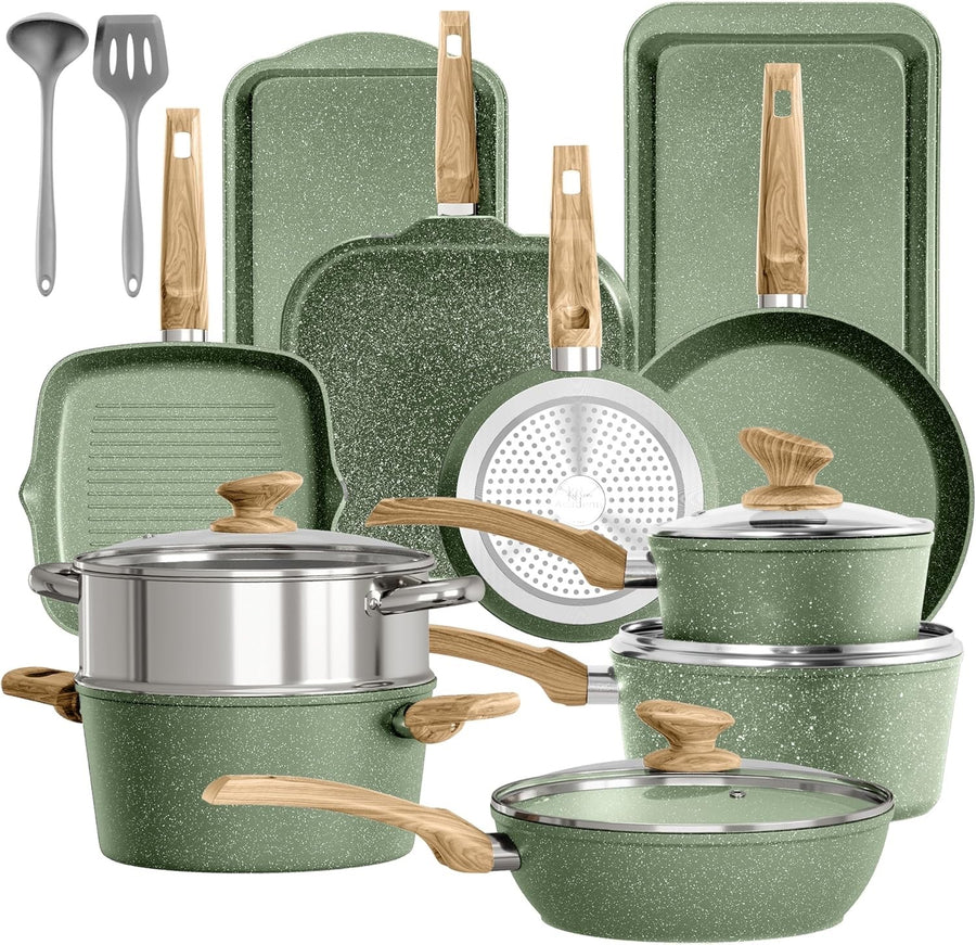 17pcs Granite Non-Stick Cookware Set Induction Pots & Pans with Lids Green