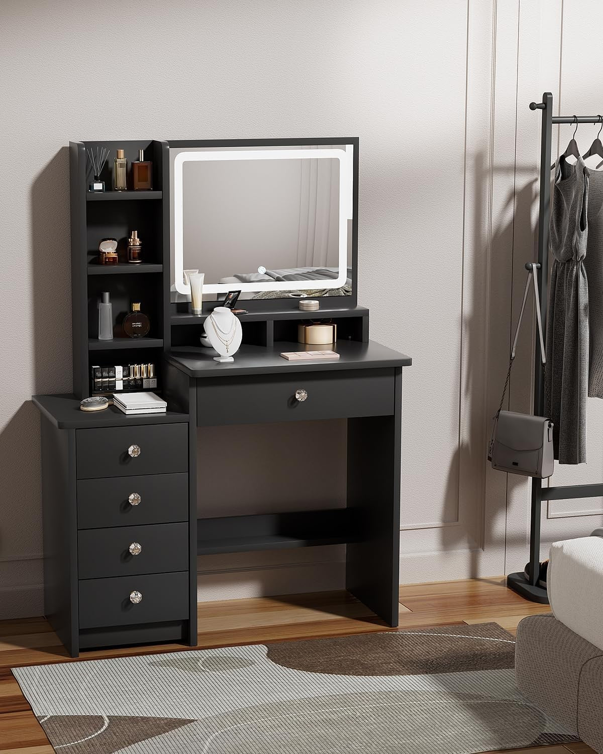 Black Vanity Desk with LED Mirror Lights 5 Drawers Makeup Table Compact 90cm