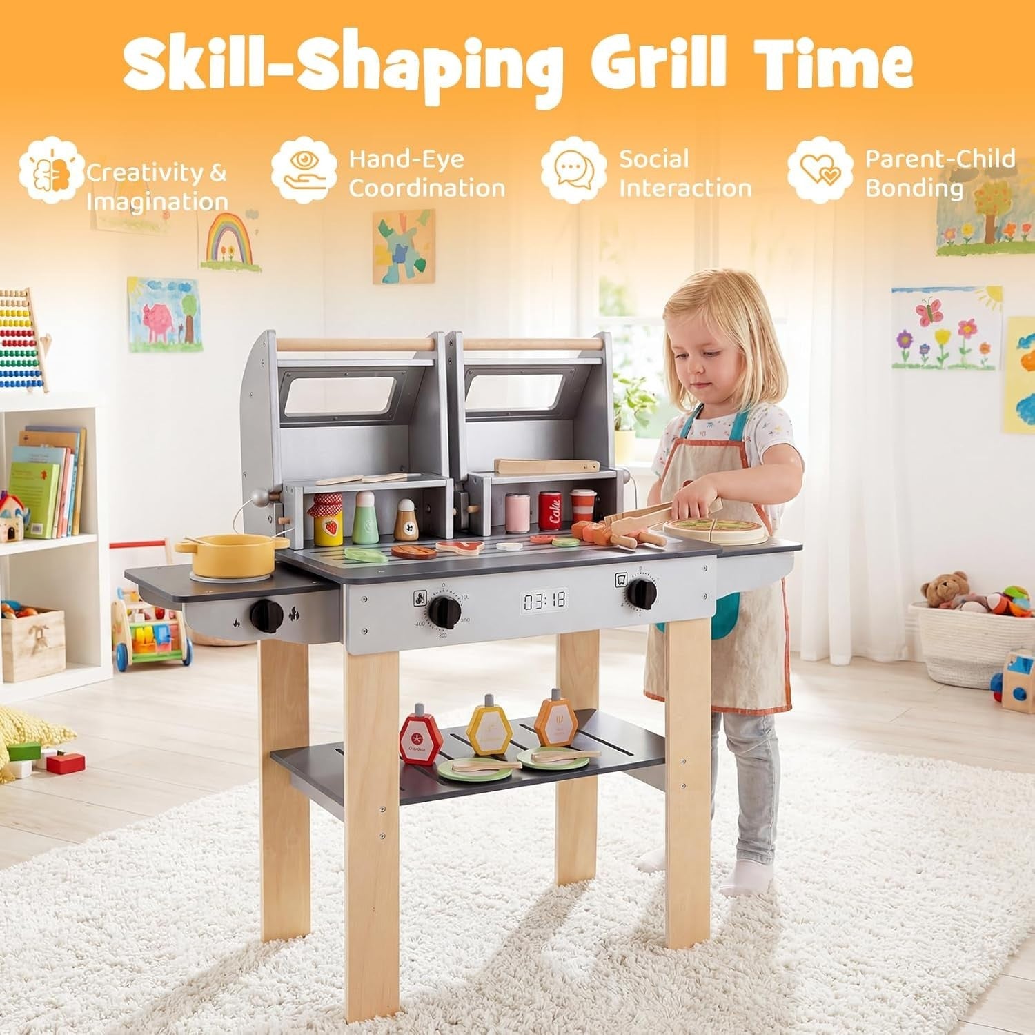 Kids Wooden BBQ Grill Playset Pretend Barbecue Toy Kitchen Set