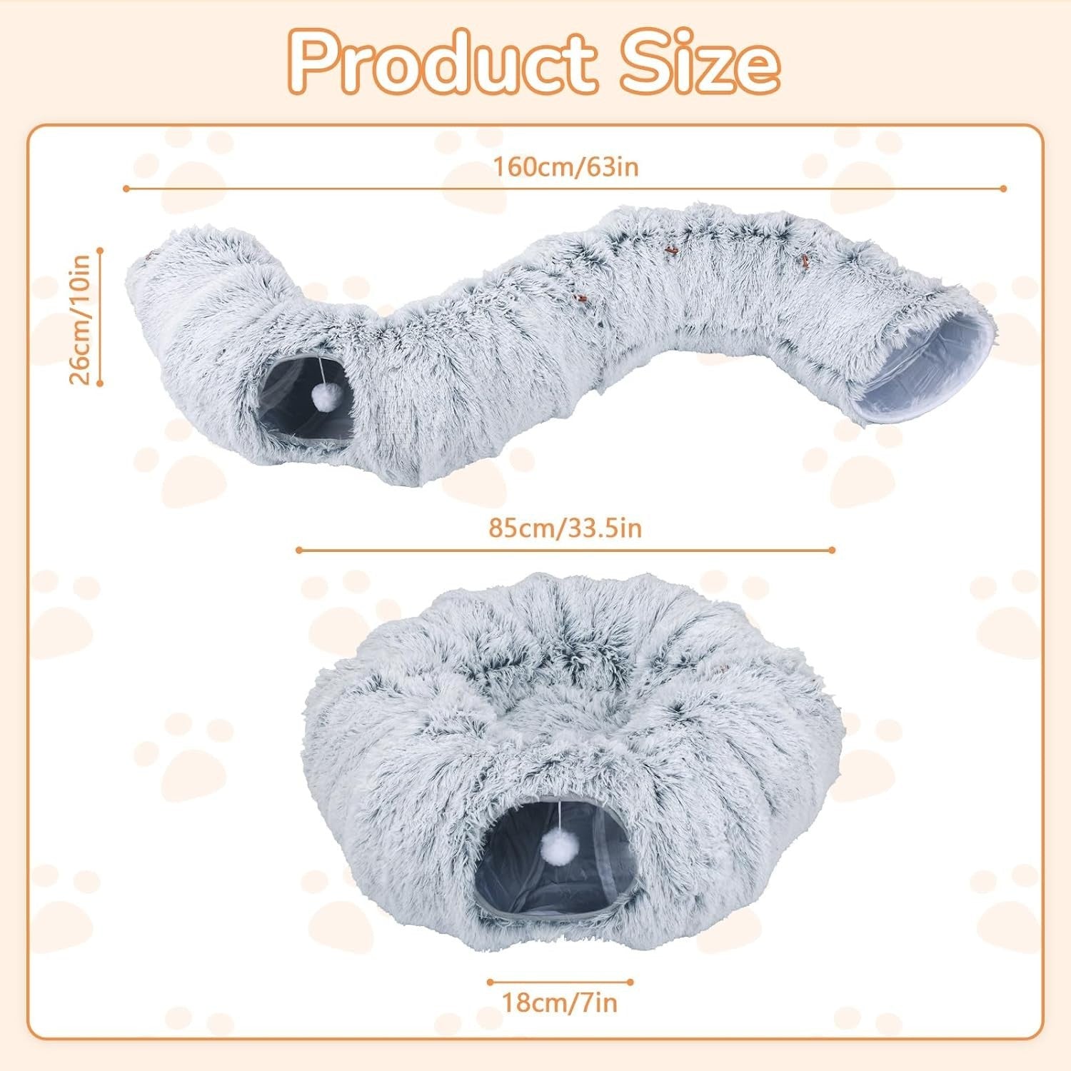 Cat Tunnel Bed Fluffy Cat Cave Toy w Cushion Large Indoor Pet Tunnel
