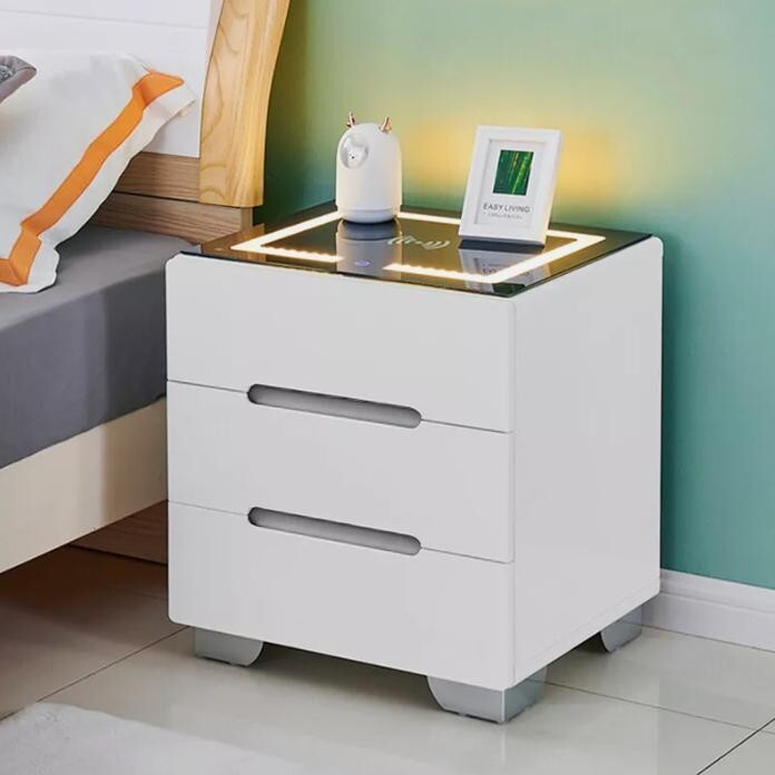 Modern LED Bedside Table with Wireless Charging, 3 Drawers, MDF, 50cm