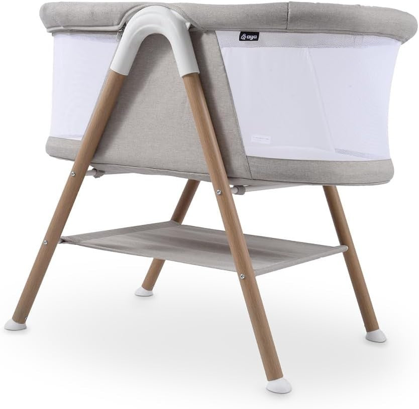Portable Baby Crib Cot with Mesh Sides Lightweight Foldable Bed Wood Stone Grey