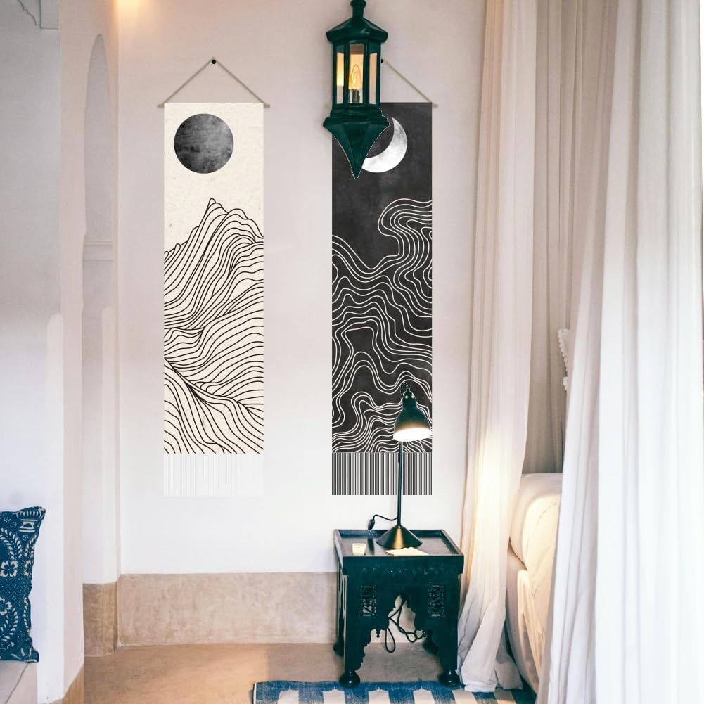 Boho Sun Moon Tapestry 2pcs 45.7x13in Black White Wall Hanging