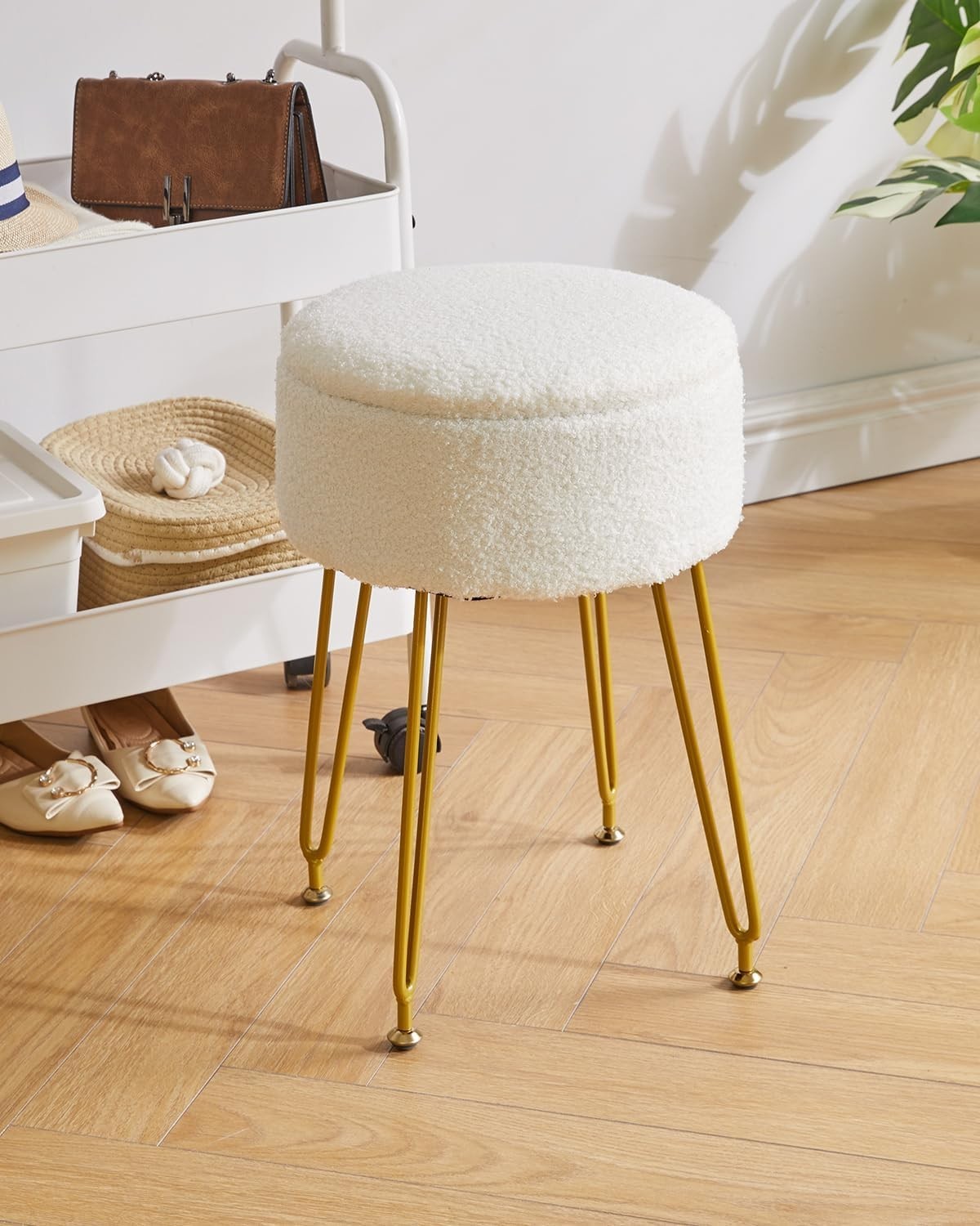 White Teddy Velvet Storage Footrest Stool – Vanity Seat w/ Golden Steel Legs