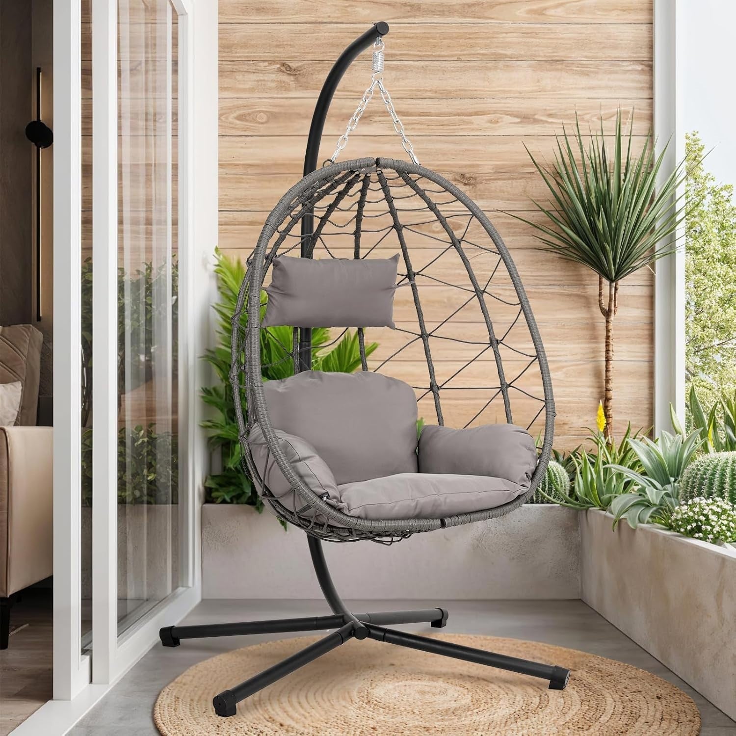Hanging Egg Chair with Stand Cushioned Rattan Swing Seat for Garden Balcony