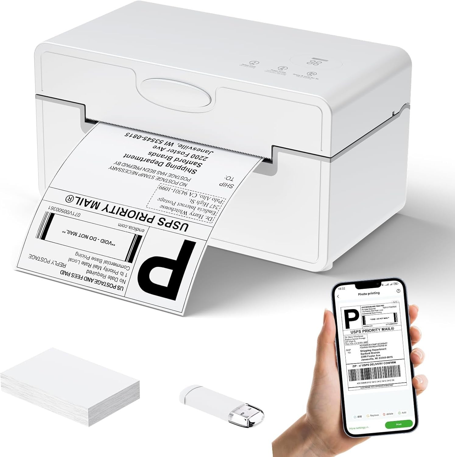 Bluetooth 4×6 Thermal Shipping Label Printer USB Wireless 203 DPI