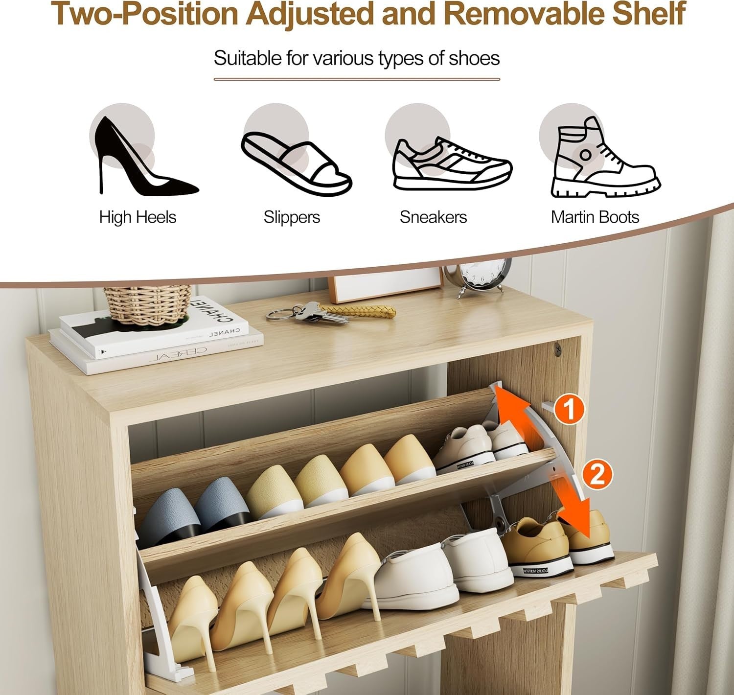 Slim Wooden Shoe Storage Cabinet 2 Flip Drawers Ventilated Modern Unit