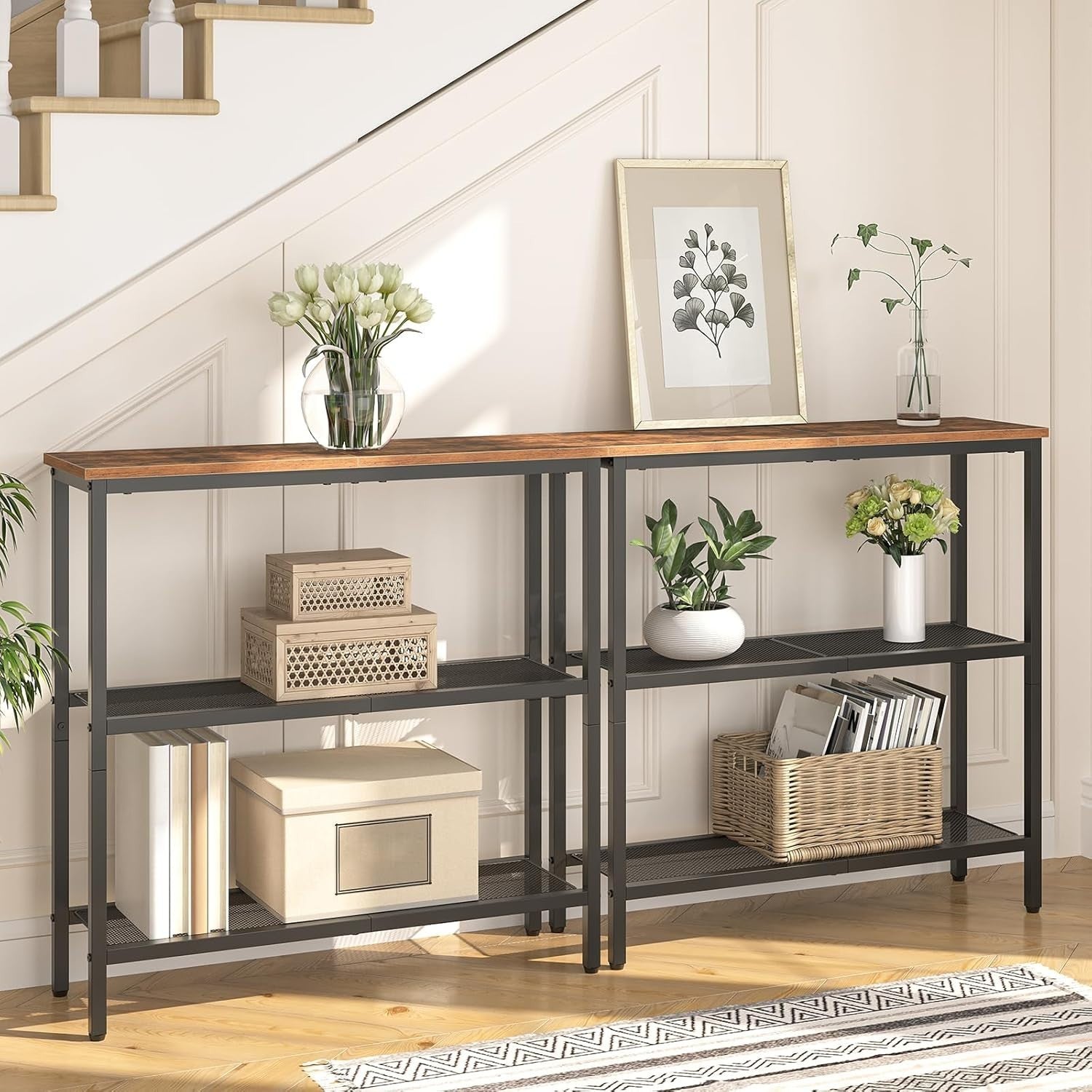 Slim 3-Tier Console Table 75cm Wide Storage Shelf Metal Frame Rustic Brown
