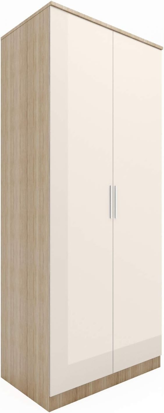 Cream Oak 2 Door Wardrobe Soft Close Hinge High Gloss Storage 178cm