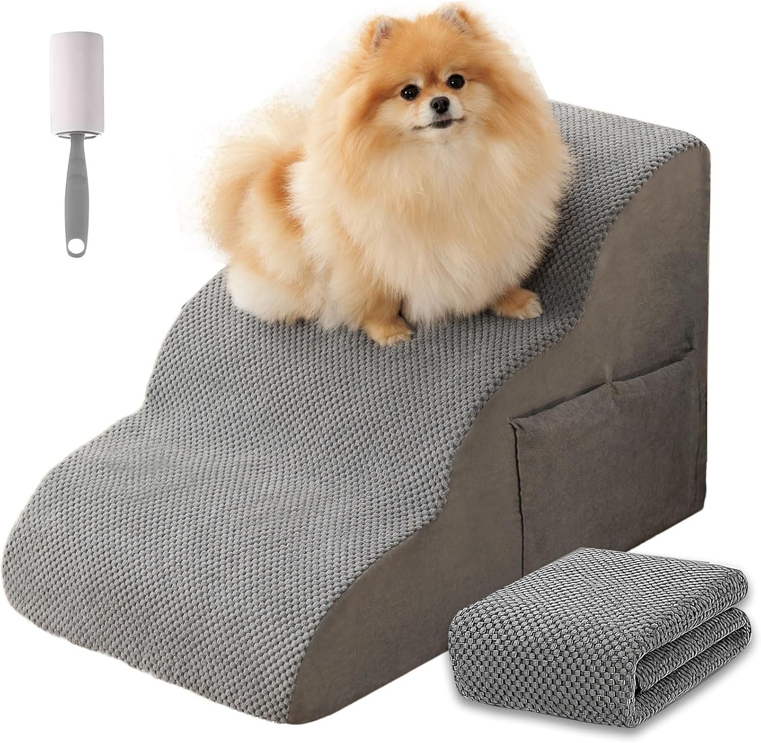 3 Step Dog Stairs Non Slip Pet Steps with Storage Pockets