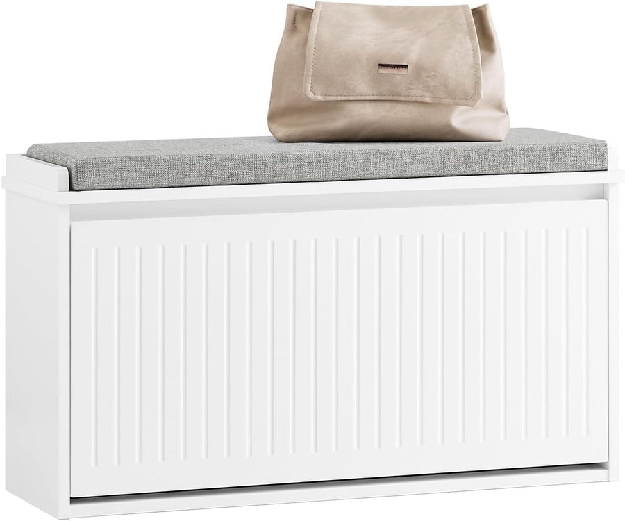 White Shoe Storage Bench with Cushion – Flip Drawer, Space Saving Seat 80cm