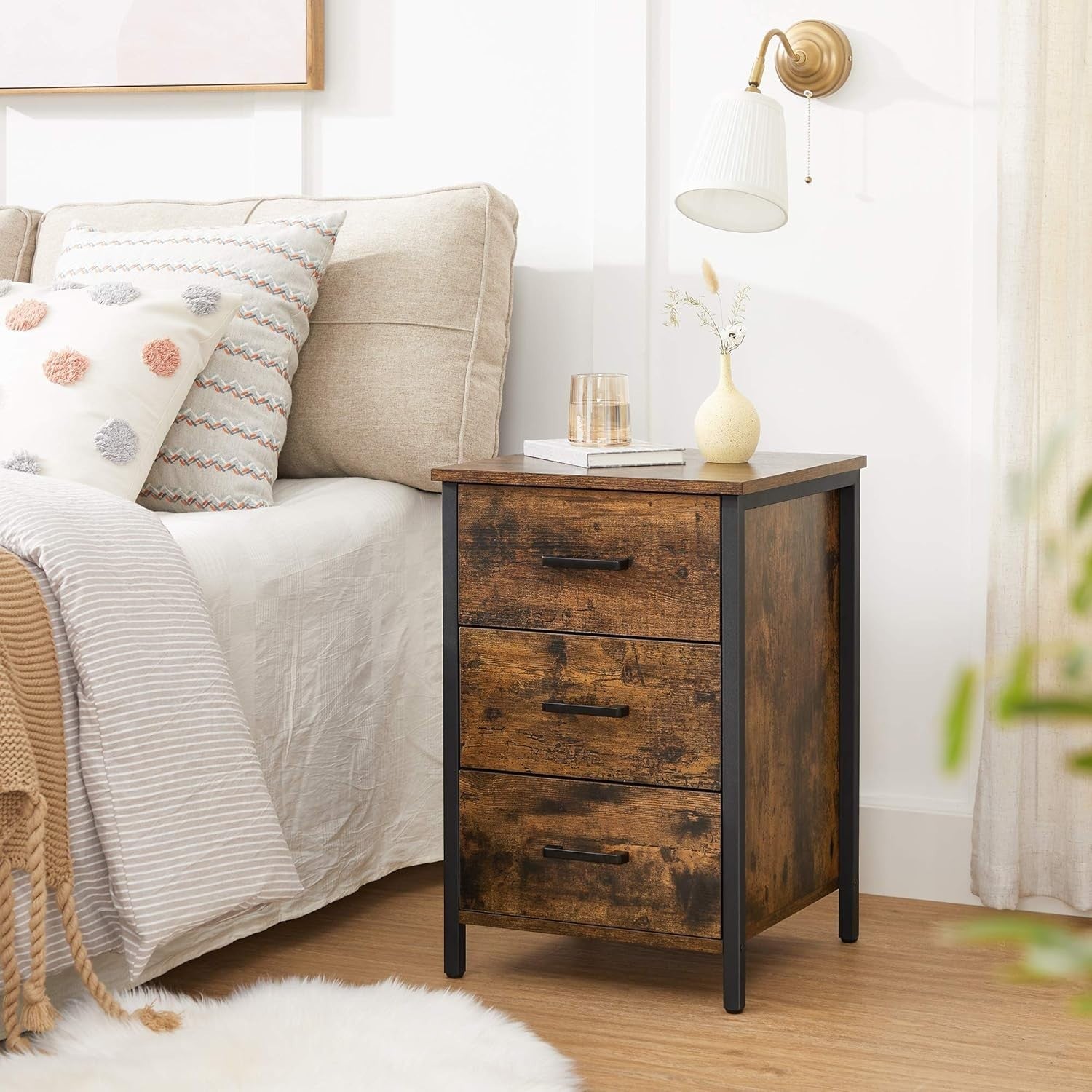 Rustic Industrial Bedside Table with 3 Drawers – Brown & Black Wood Nightstand
