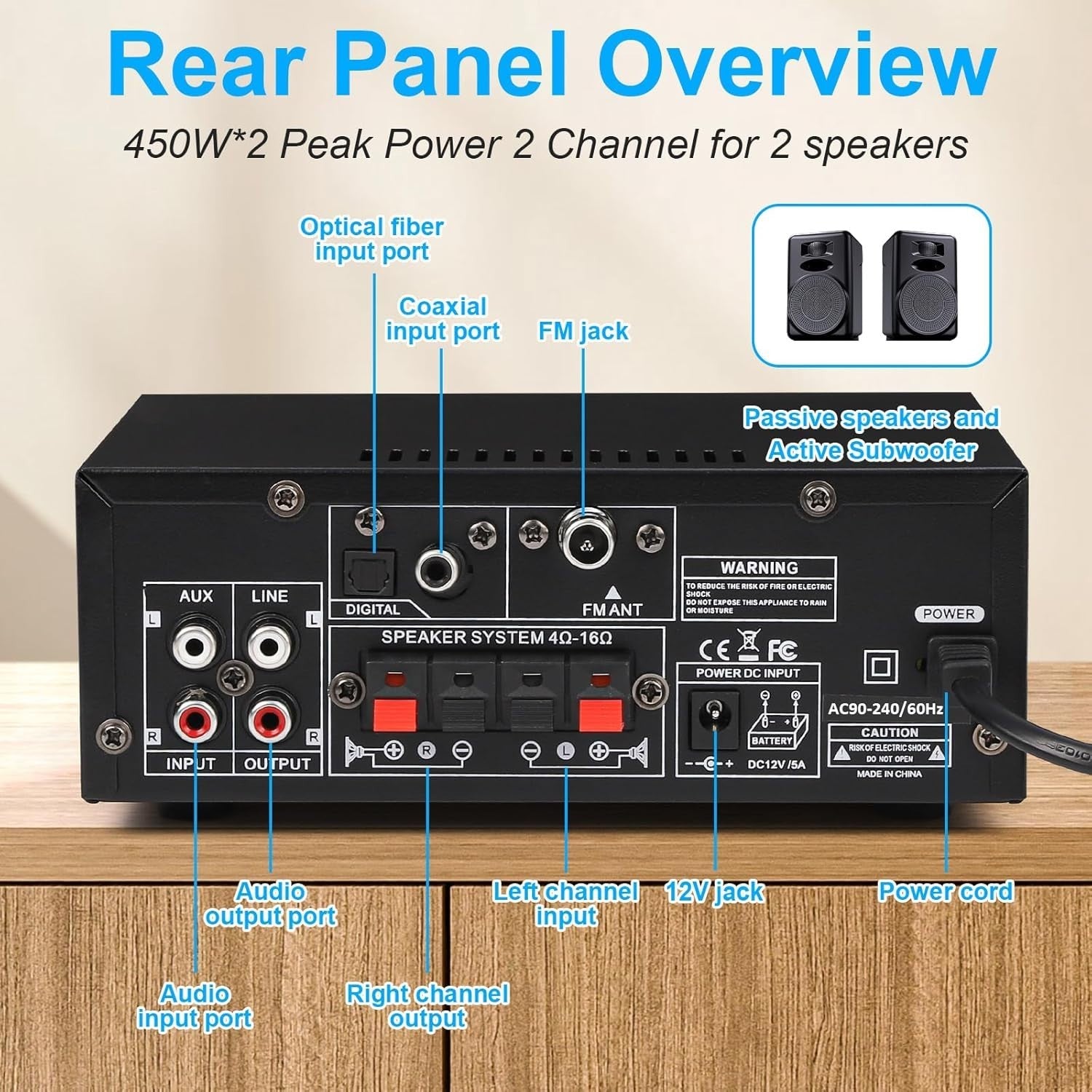 900W Bluetooth Stereo Amplifier 2 Channel Optical Coax FM