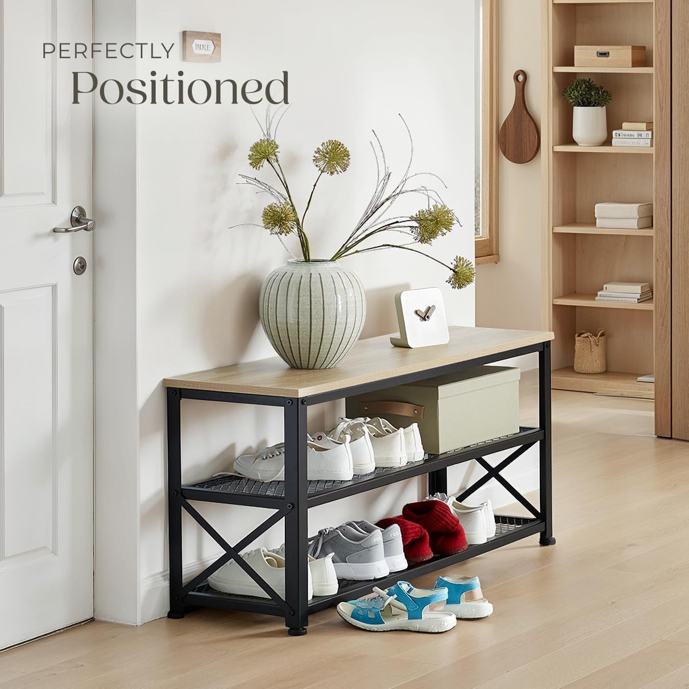Space-Saving 3-Tier Shoe Rack with Wood-Look Shelf & Sturdy Steel Frame