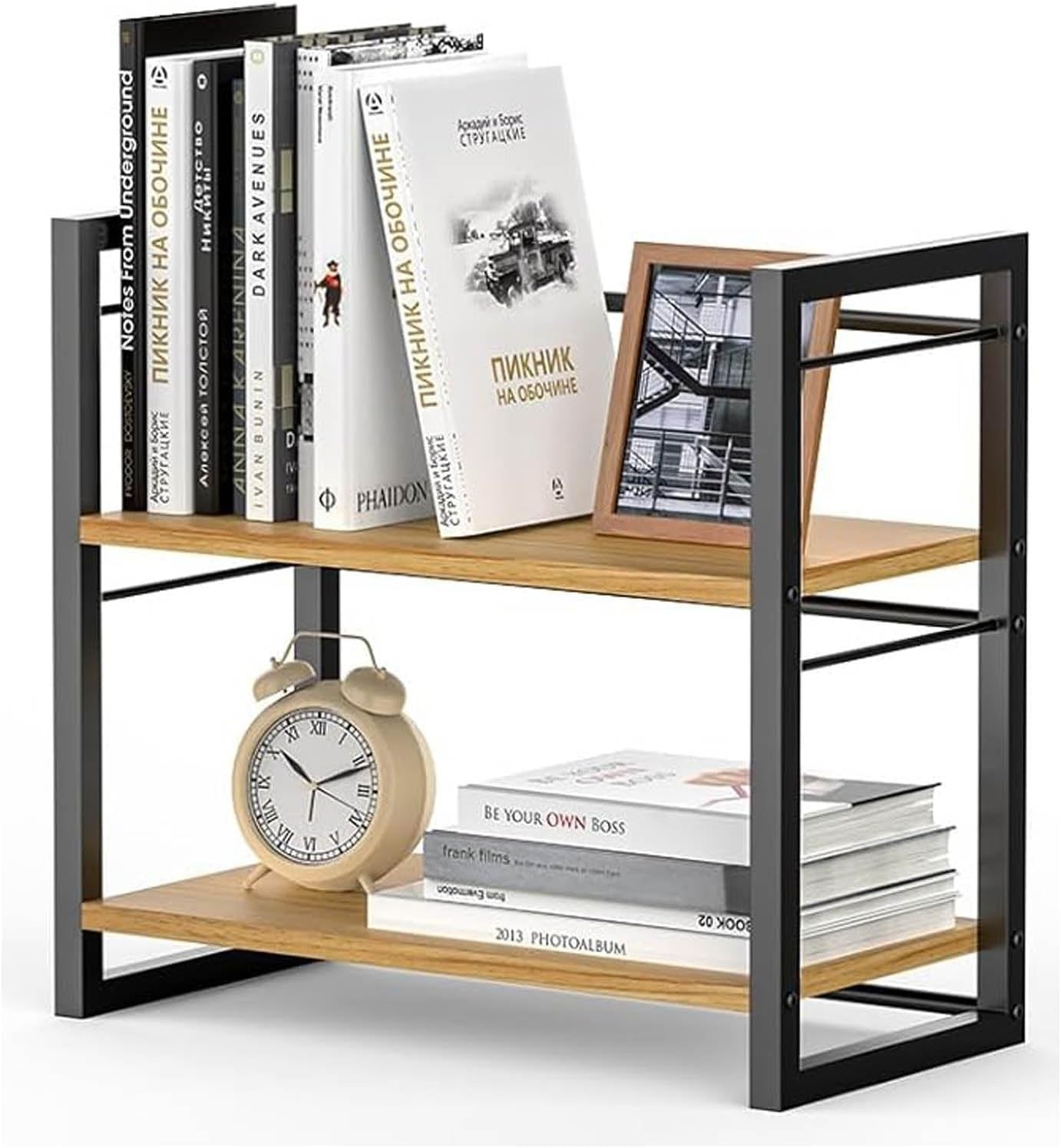 Black Wood Desk Shelf – Freestanding Desktop Organizer with Hollow Side Panels